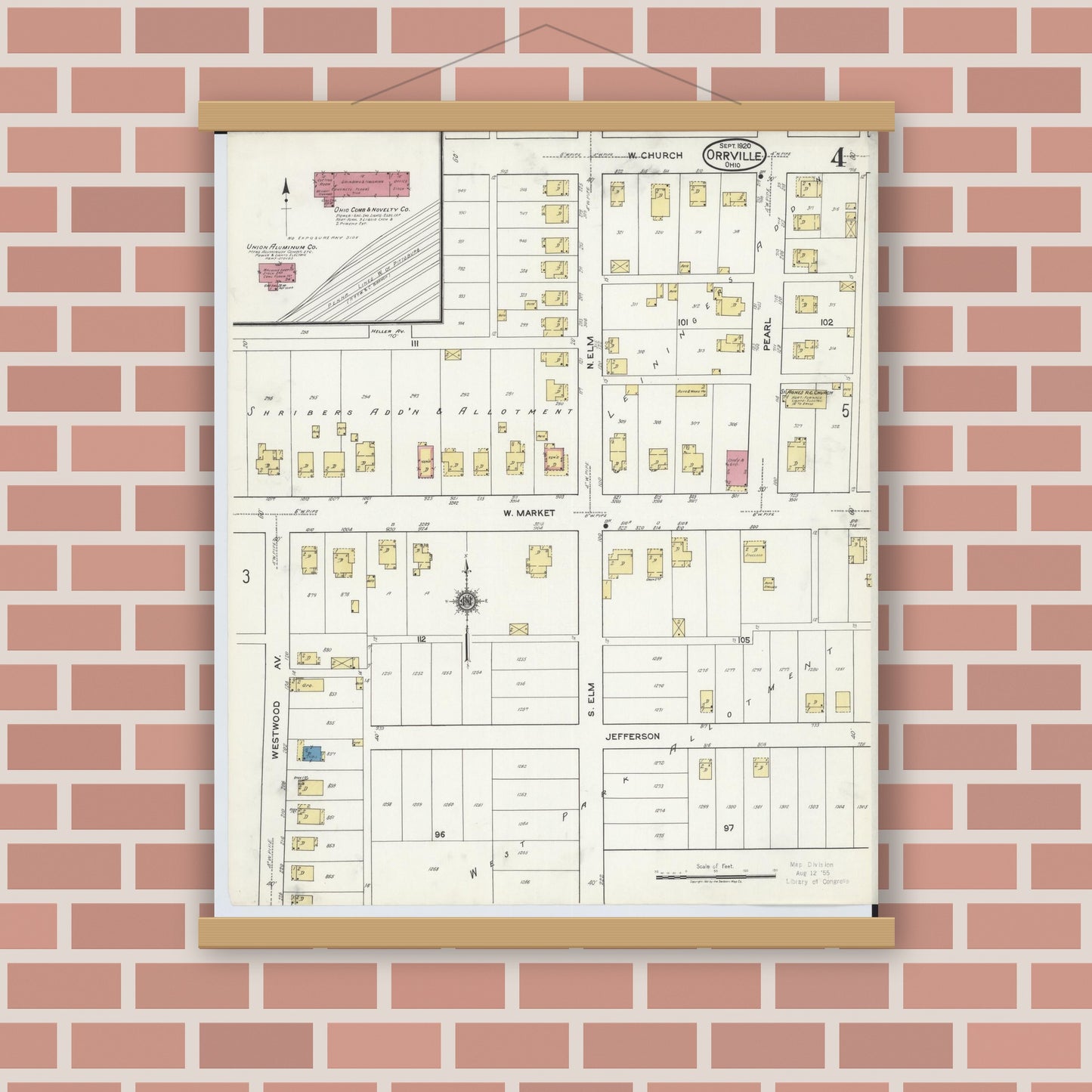 Old map wall art mockup — magnetic wood frame on brick wall — Sanborn Fire Insurance Map from Orrville, Wayne County, Ohio (1920), Sheet #0004