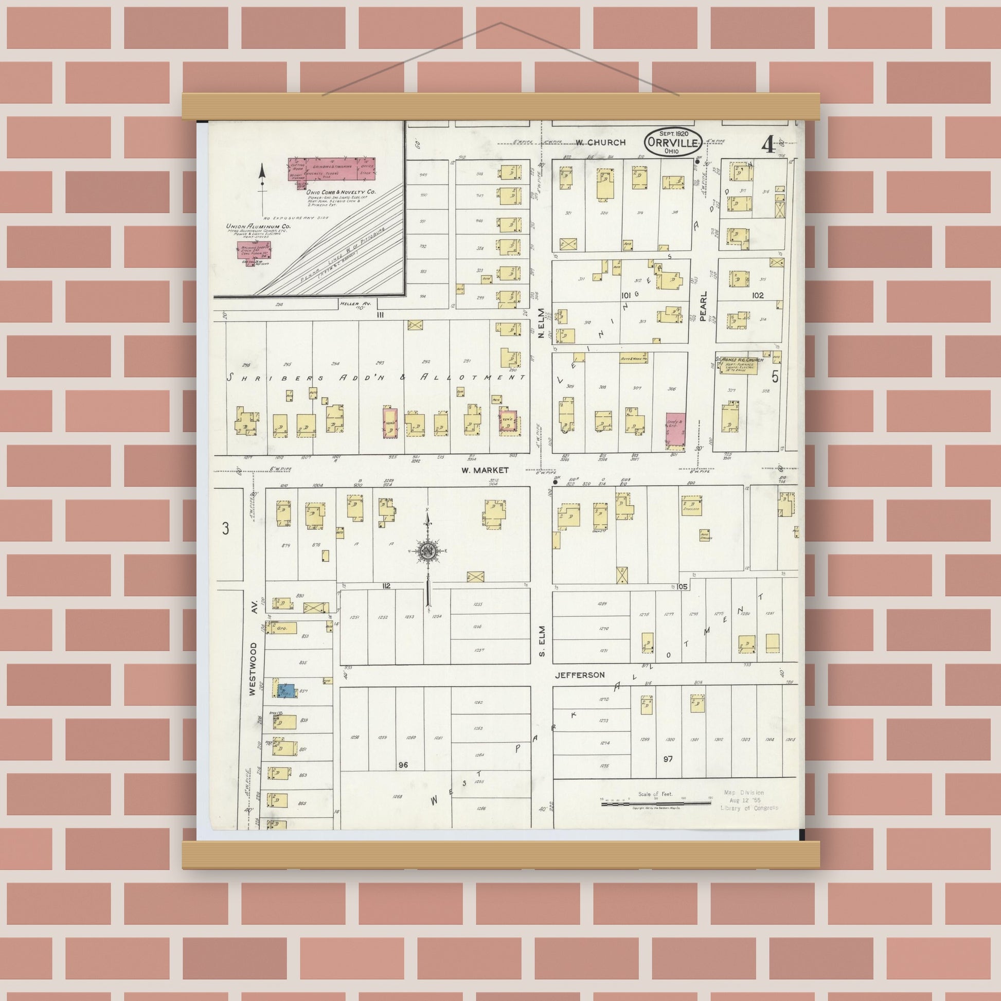 Old map wall art mockup — magnetic wood frame on brick wall — Sanborn Fire Insurance Map from Orrville, Wayne County, Ohio (1920), Sheet #0004