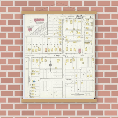 Old map wall art mockup — magnetic wood frame on brick wall — Sanborn Fire Insurance Map from Orrville, Wayne County, Ohio (1920), Sheet #0004