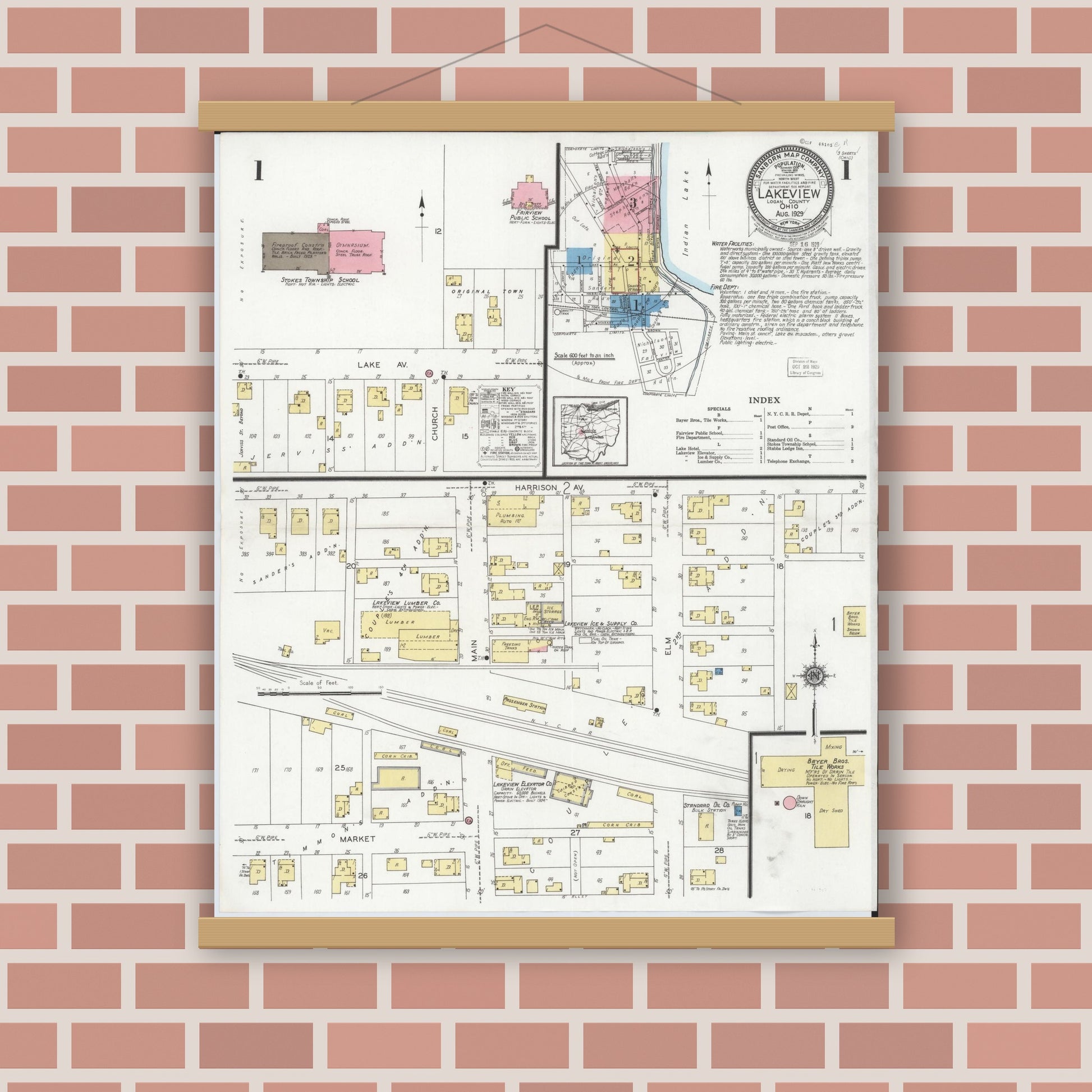 Old map wall art mockup — magnetic wood frame on brick wall — Sanborn Fire Insurance Map from Lakeview, Logan County, Ohio (1929), Sheet #0001