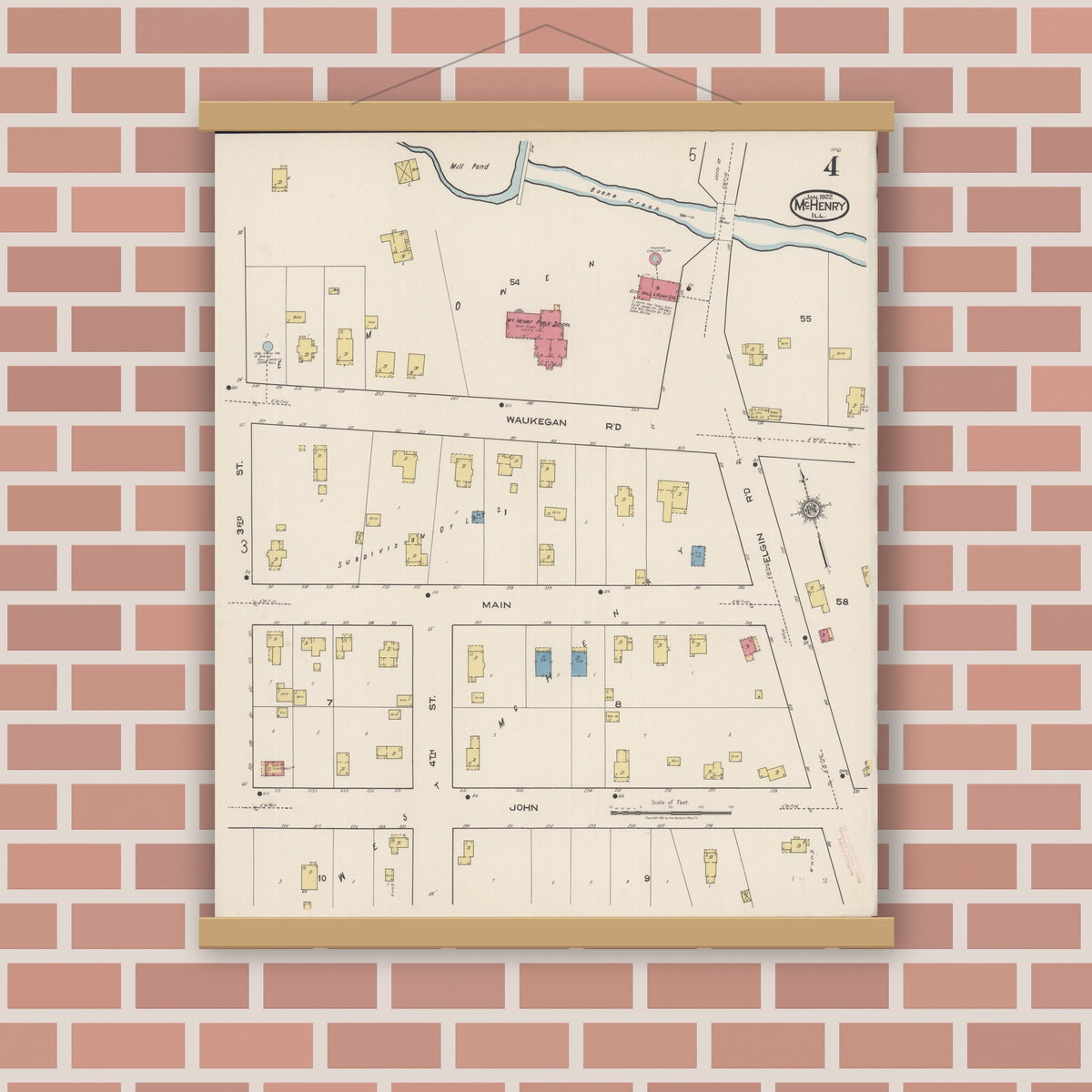 Old map wall art mockup — magnetic wood frame on brick wall — Sanborn Fire Insurance Map from McHenry, McHenry County, Illinois (1922), Sheet #0004