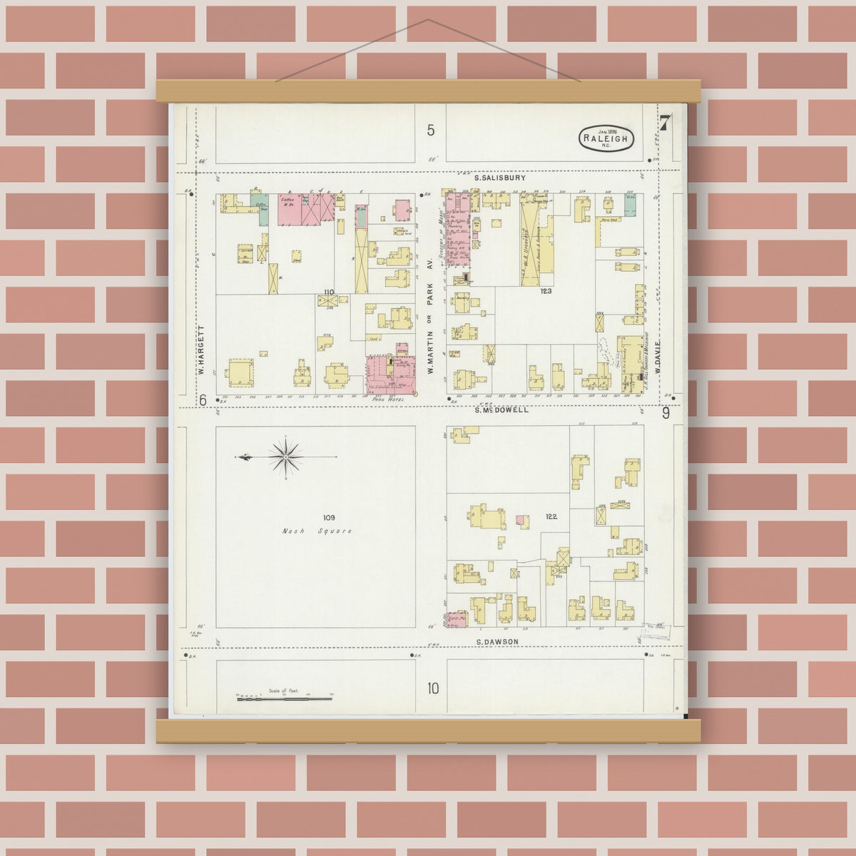 Old map wall art mockup — magnetic wood frame on brick wall — Sanborn Fire Insurance Map from Raleigh, Wake County, North Carolina (1896), Sheet #0007