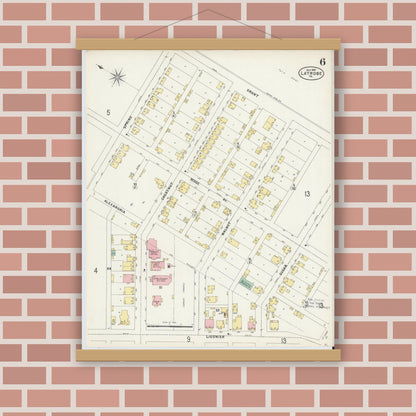 Old map wall art mockup — magnetic wood frame on brick wall — Sanborn Fire Insurance Map from Latrobe, Westmoreland County, Pennsylvania (1897), Sheet #0006