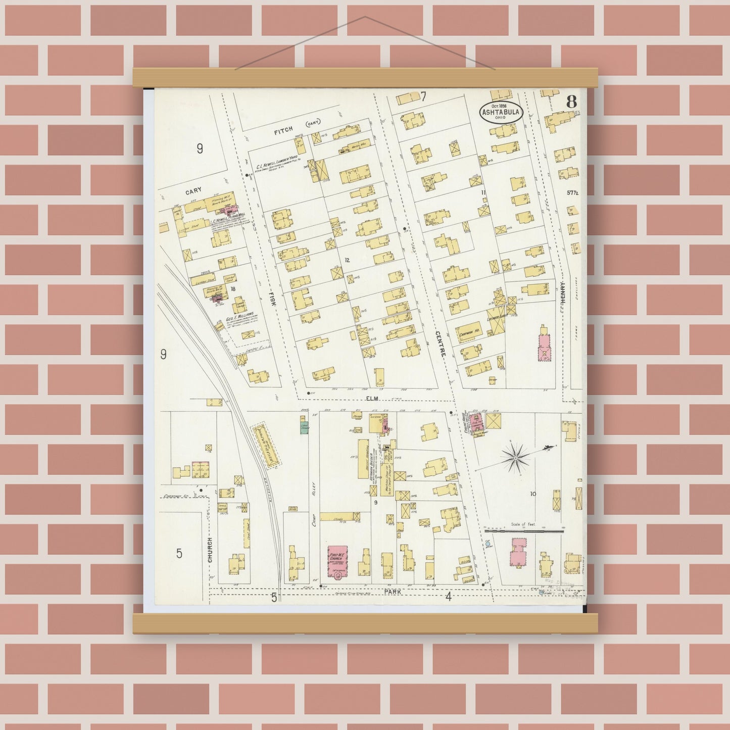 Old map wall art mockup — magnetic wood frame on brick wall — Sanborn Fire Insurance Map from Ashtabula, Ashtabula County, Ohio (1898), Sheet #0008
