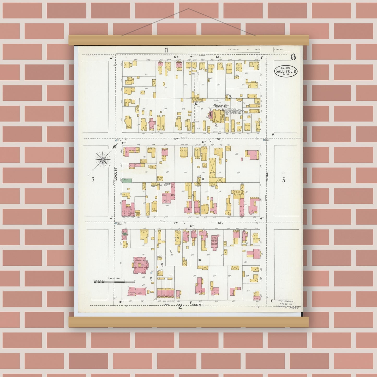 Old map wall art mockup — magnetic wood frame on brick wall — Sanborn Fire Insurance Map from Gallipolis, Gallia County, Ohio (1900), Sheet #0006