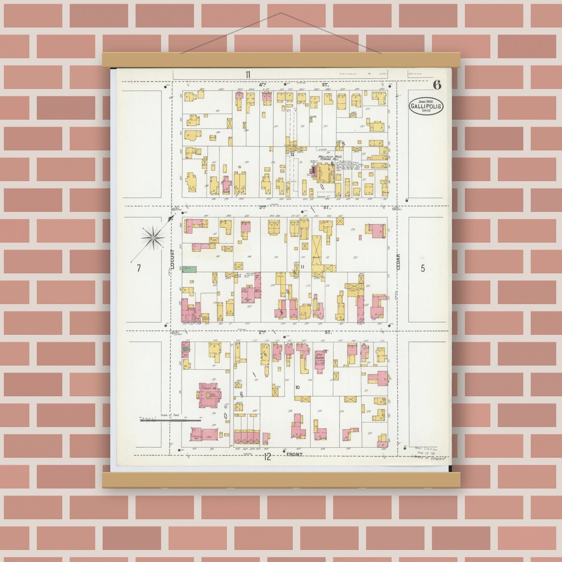 Old map wall art mockup — magnetic wood frame on brick wall — Sanborn Fire Insurance Map from Gallipolis, Gallia County, Ohio (1900), Sheet #0006