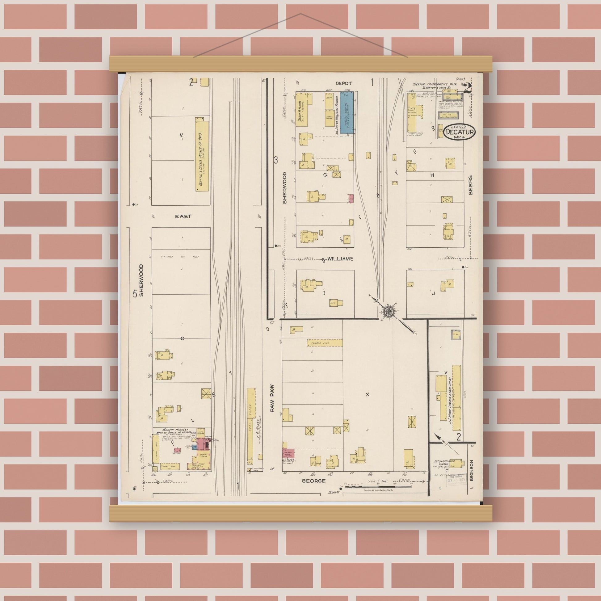 Old map wall art mockup — magnetic wood frame on brick wall — Sanborn Fire Insurance Map from Decatur, Van Buren County, Michigan (1922), Sheet #0002