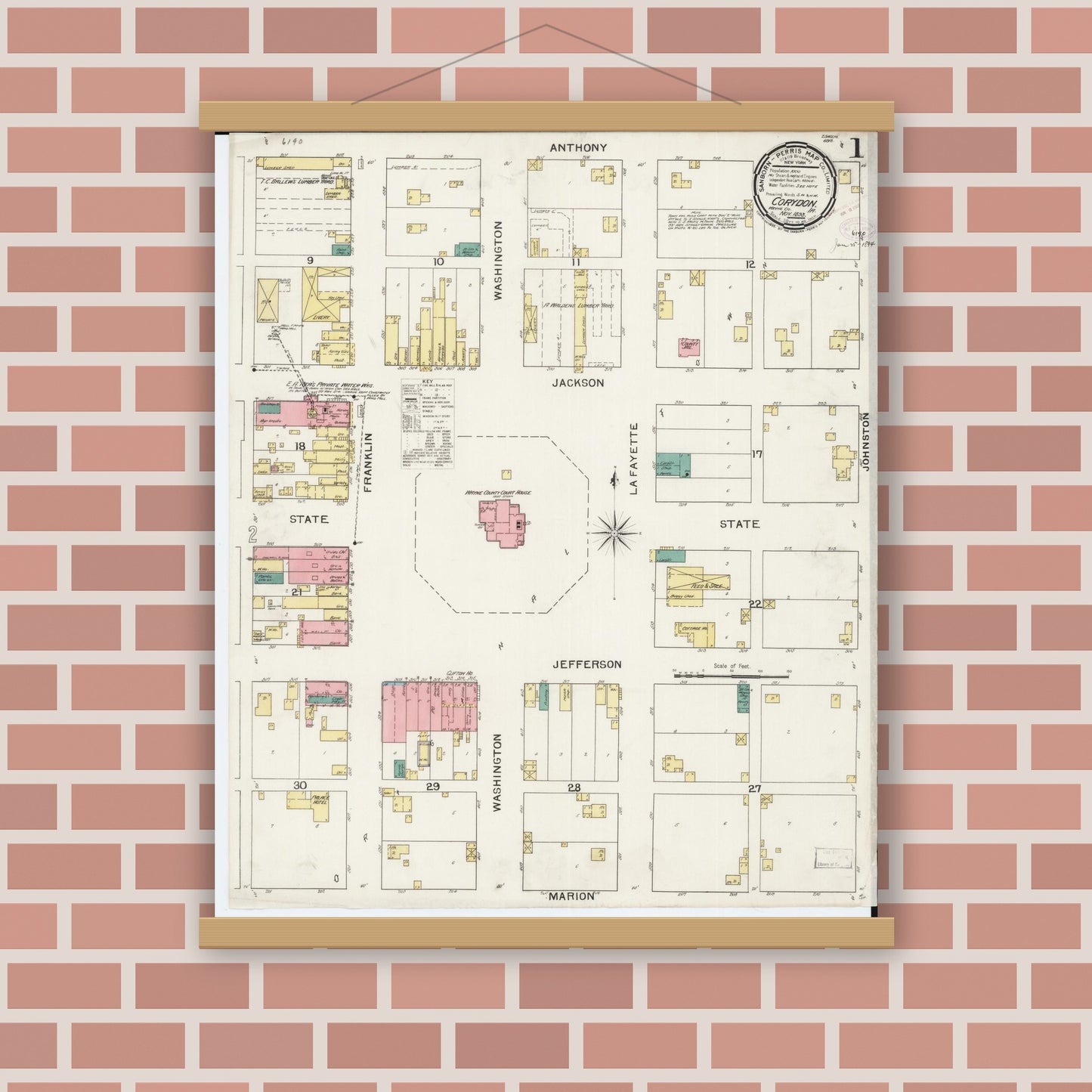 Old map wall art mockup — magnetic wood frame on brick wall — Sanborn Fire Insurance Map from Corydon, Wayne County, Iowa (1893) â€” Complete Set
