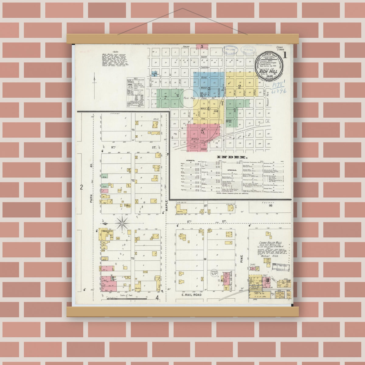 Old map wall art mockup — magnetic wood frame on brick wall — Sanborn Fire Insurance Map from Rich Hill, Bates County, Missouri (1898) - Complete Map Set