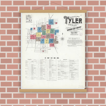 Old map wall art mockup — magnetic wood frame on brick wall — Sanborn Fire Insurance Map from Tyler, Smith County, Texas (1907), Sheet #0001