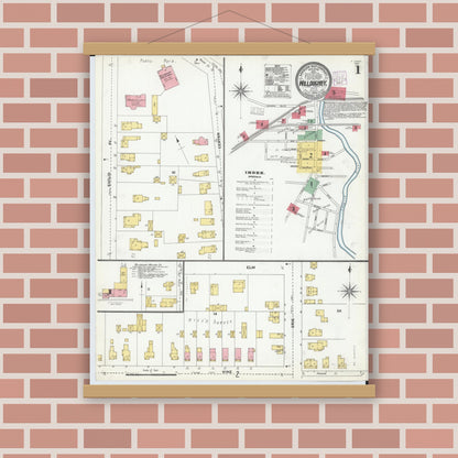 Old map wall art mockup — magnetic wood frame on brick wall — Sanborn Fire Insurance Map from Willoughby, Lake County, Ohio (1904), Sheet #0001