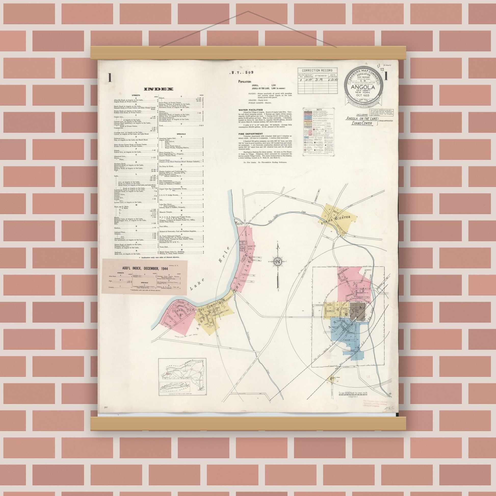 Old map wall art mockup — magnetic wood frame on brick wall — Sanborn Fire Insurance Map from Angola, Erie County, New York (1944) - Complete Map Set