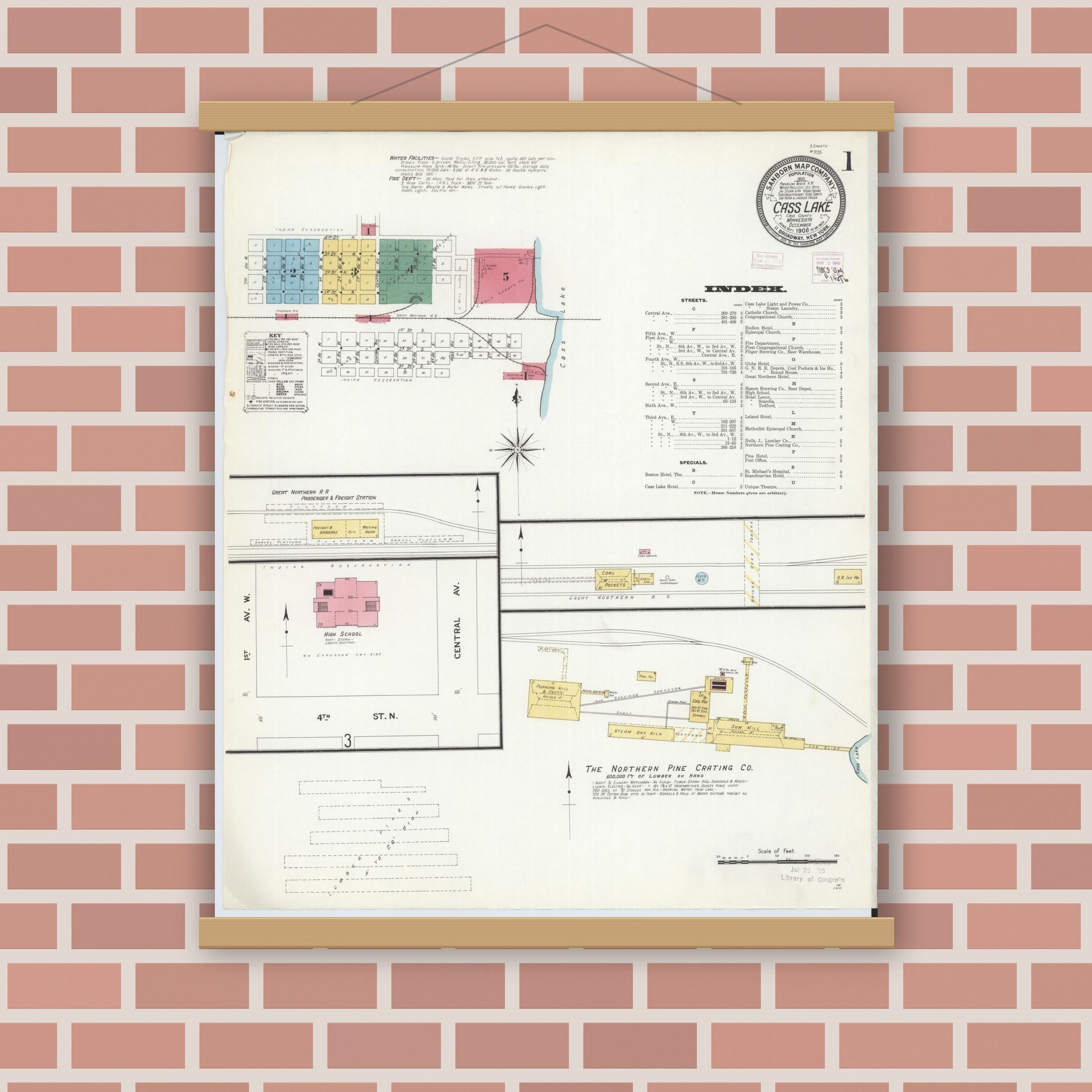 Old map wall art mockup — magnetic wood frame on brick wall — Sanborn Fire Insurance Map from Cass Lake, Cass County, Minnesota (1908), Sheet #0001