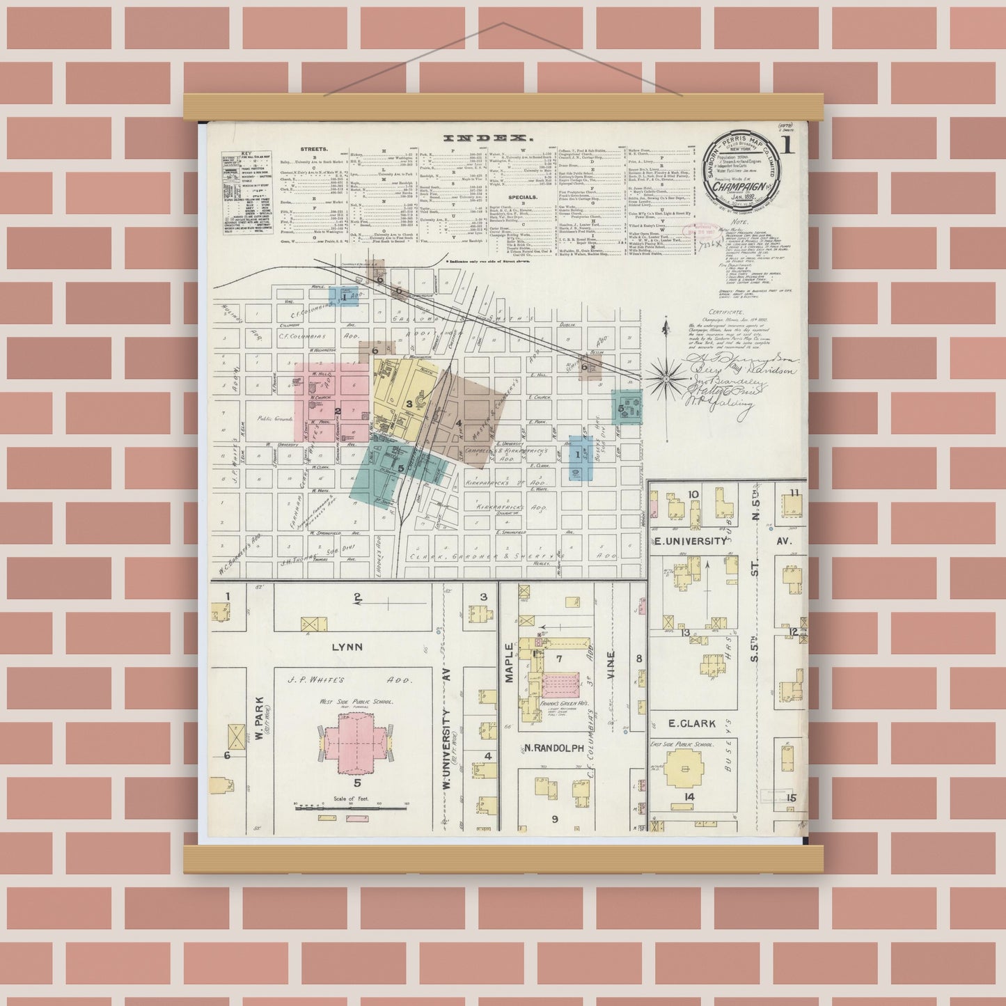 Old map wall art mockup — magnetic wood frame on brick wall — Sanborn Fire Insurance Map from Champaign, Champaign County, Illinois (1892) - Complete Map Set