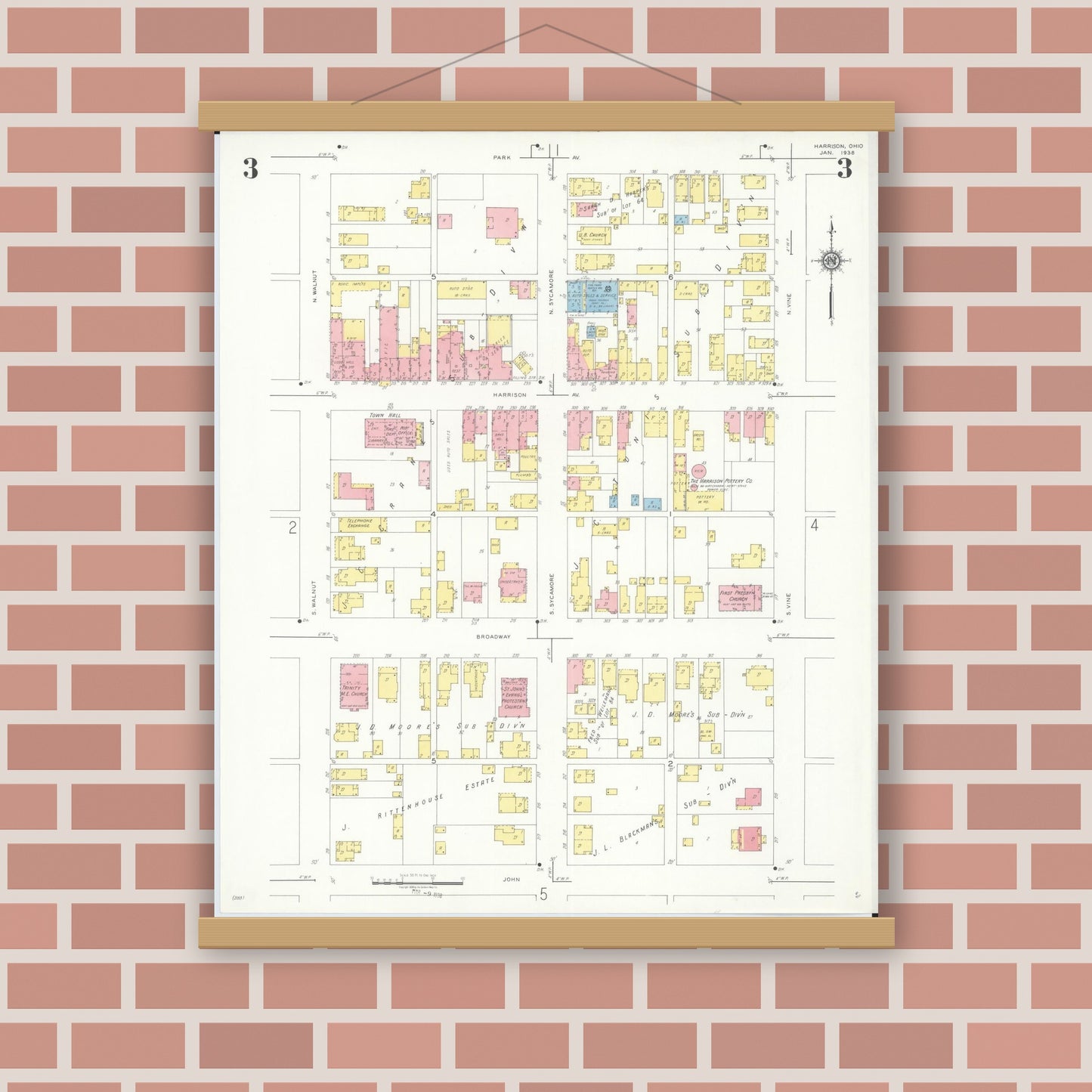 Old map wall art mockup — magnetic wood frame on brick wall — Sanborn Fire Insurance Map from Harrison, Hamilton County, Ohio (1938), Sheet #0003