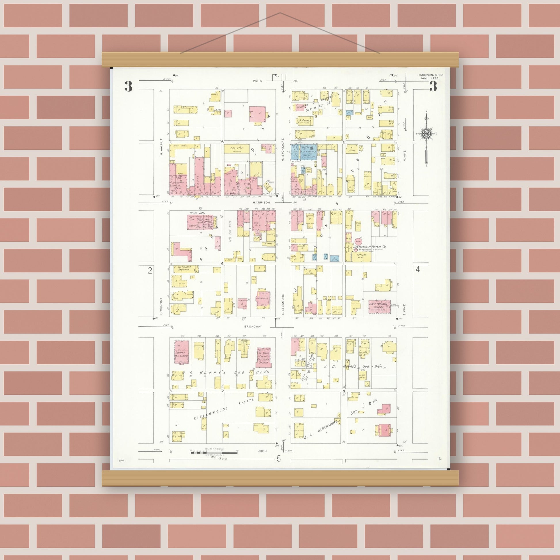 Old map wall art mockup — magnetic wood frame on brick wall — Sanborn Fire Insurance Map from Harrison, Hamilton County, Ohio (1938), Sheet #0003
