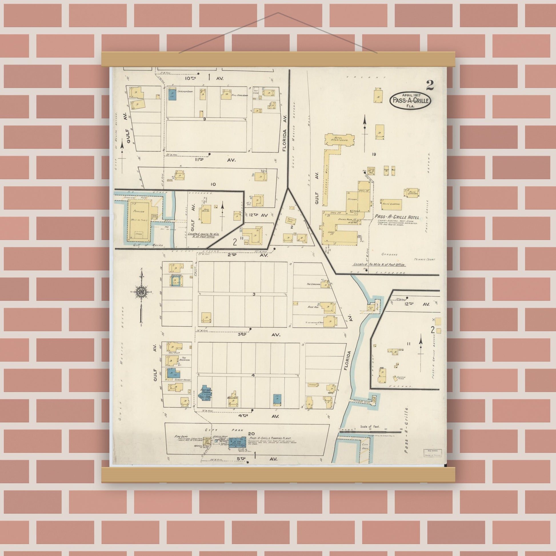 Old map wall art mockup — magnetic wood frame on brick wall — Sanborn Fire Insurance Map from Pass-a-Grille, Pinellas County, Florida (1917), Sheet #0002