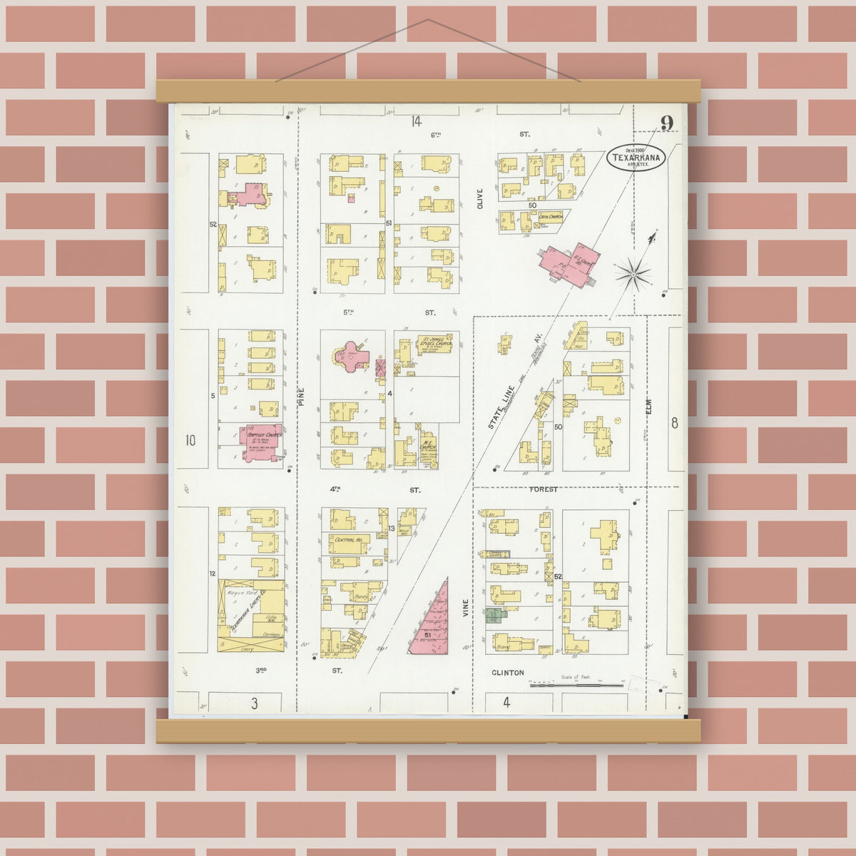 Old map wall art mockup — magnetic wood frame on brick wall — Sanborn Fire Insurance Map from Texarkana, Bowie County, Texas (1900), Sheet #0009
