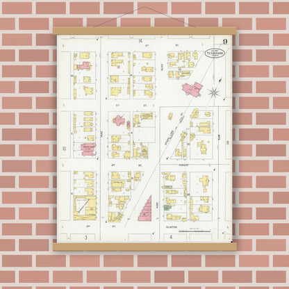 Old map wall art mockup — magnetic wood frame on brick wall — Sanborn Fire Insurance Map from Texarkana, Bowie County, Texas (1900), Sheet #0009