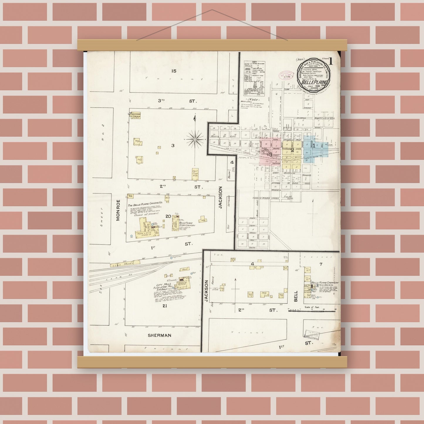 Old map wall art mockup — magnetic wood frame on brick wall — Sanborn Fire Insurance Map from Belle Plaine, Benton County, Iowa (1888), Sheet #0001