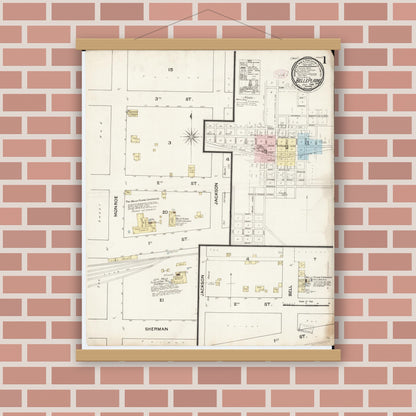 Old map wall art mockup — magnetic wood frame on brick wall — Sanborn Fire Insurance Map from Belle Plaine, Benton County, Iowa (1888), Sheet #0001