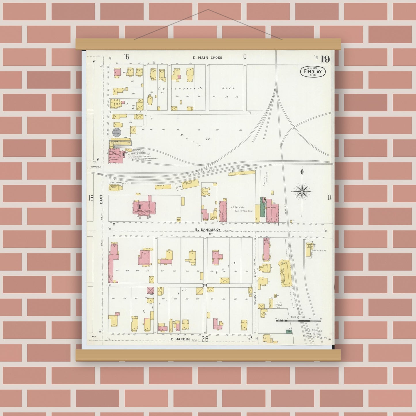 Old map wall art mockup — magnetic wood frame on brick wall — Sanborn Fire Insurance Map from Findlay, Hancock County, Ohio (1901), Sheet #0019