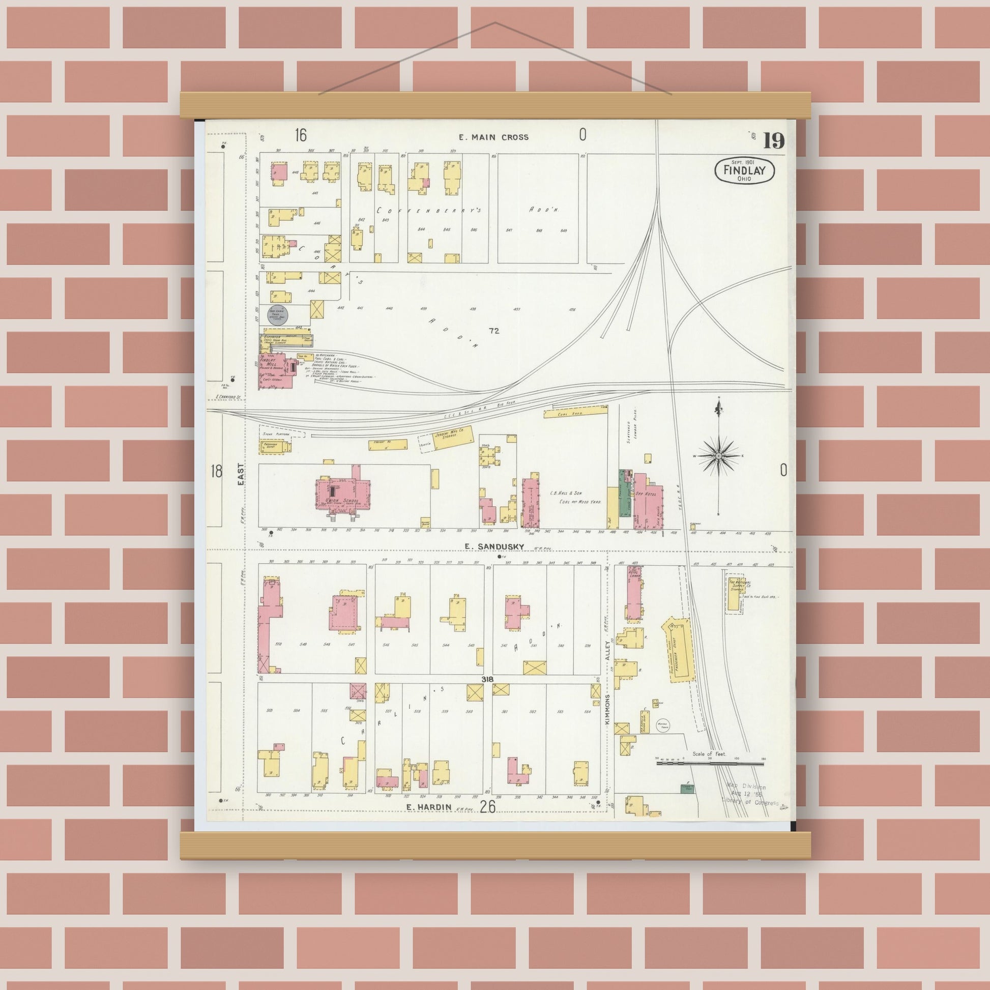 Old map wall art mockup — magnetic wood frame on brick wall — Sanborn Fire Insurance Map from Findlay, Hancock County, Ohio (1901), Sheet #0019