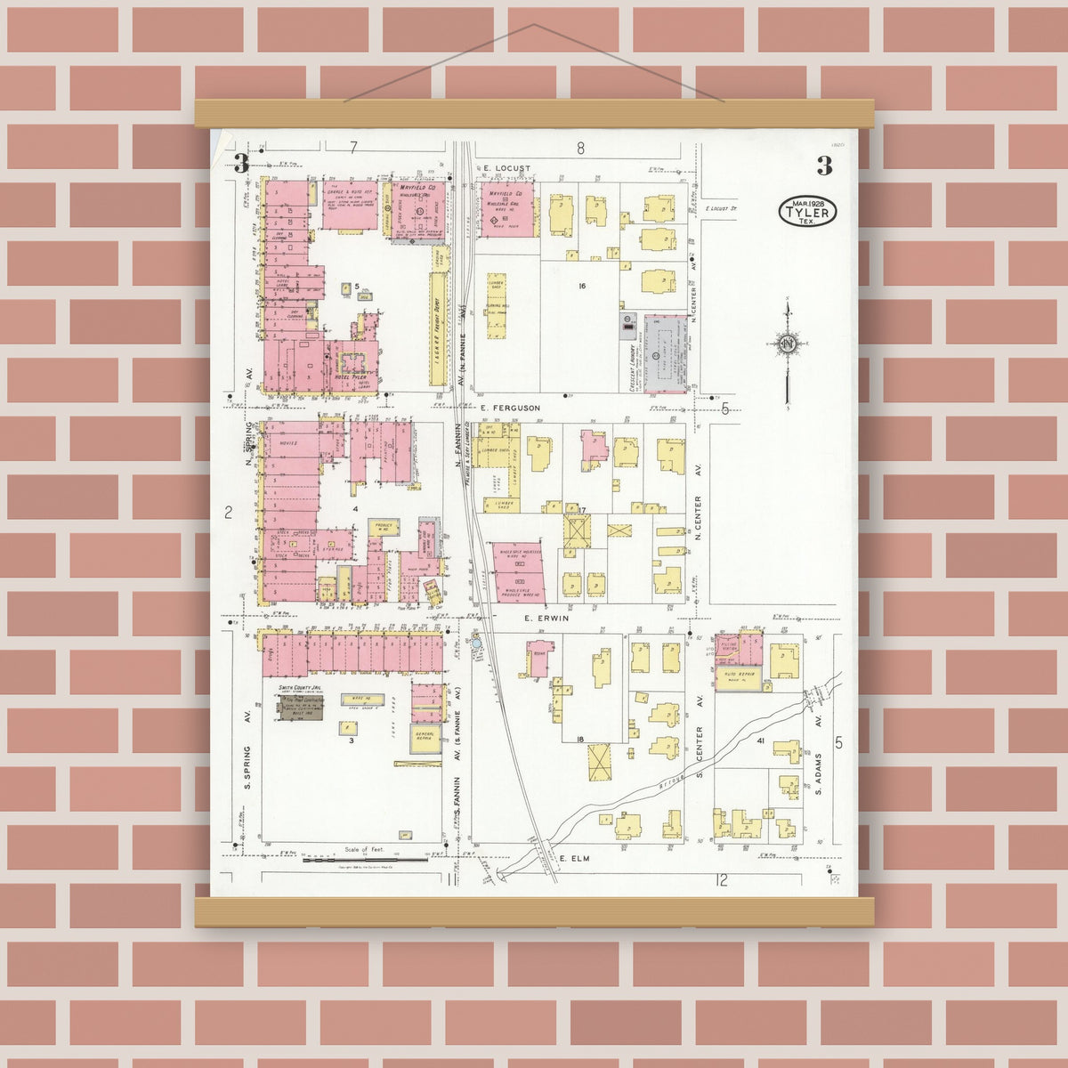 Old map wall art mockup — magnetic wood frame on brick wall — Sanborn Fire Insurance Map from Tyler, Smith County, Texas (1928), Sheet #0003