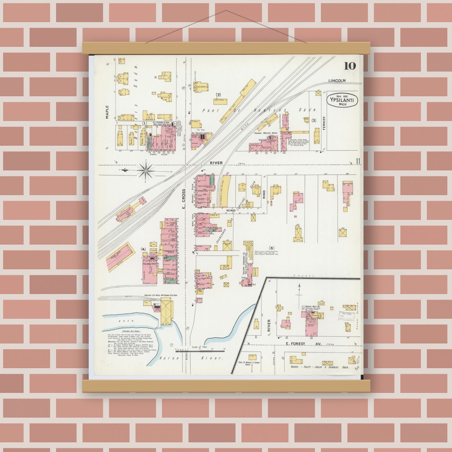 Old map wall art mockup — magnetic wood frame on brick wall — Sanborn Fire Insurance Map from Ypsilanti, Washtenaw County, Michigan (1899), Sheet #0010