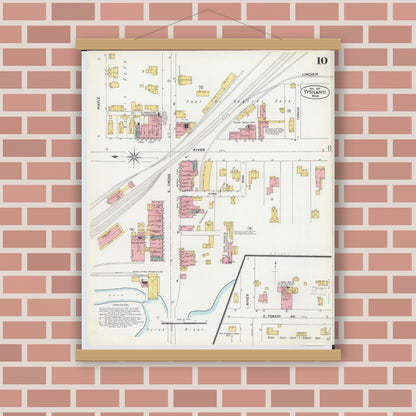 Old map wall art mockup — magnetic wood frame on brick wall — Sanborn Fire Insurance Map from Ypsilanti, Washtenaw County, Michigan (1899), Sheet #0010