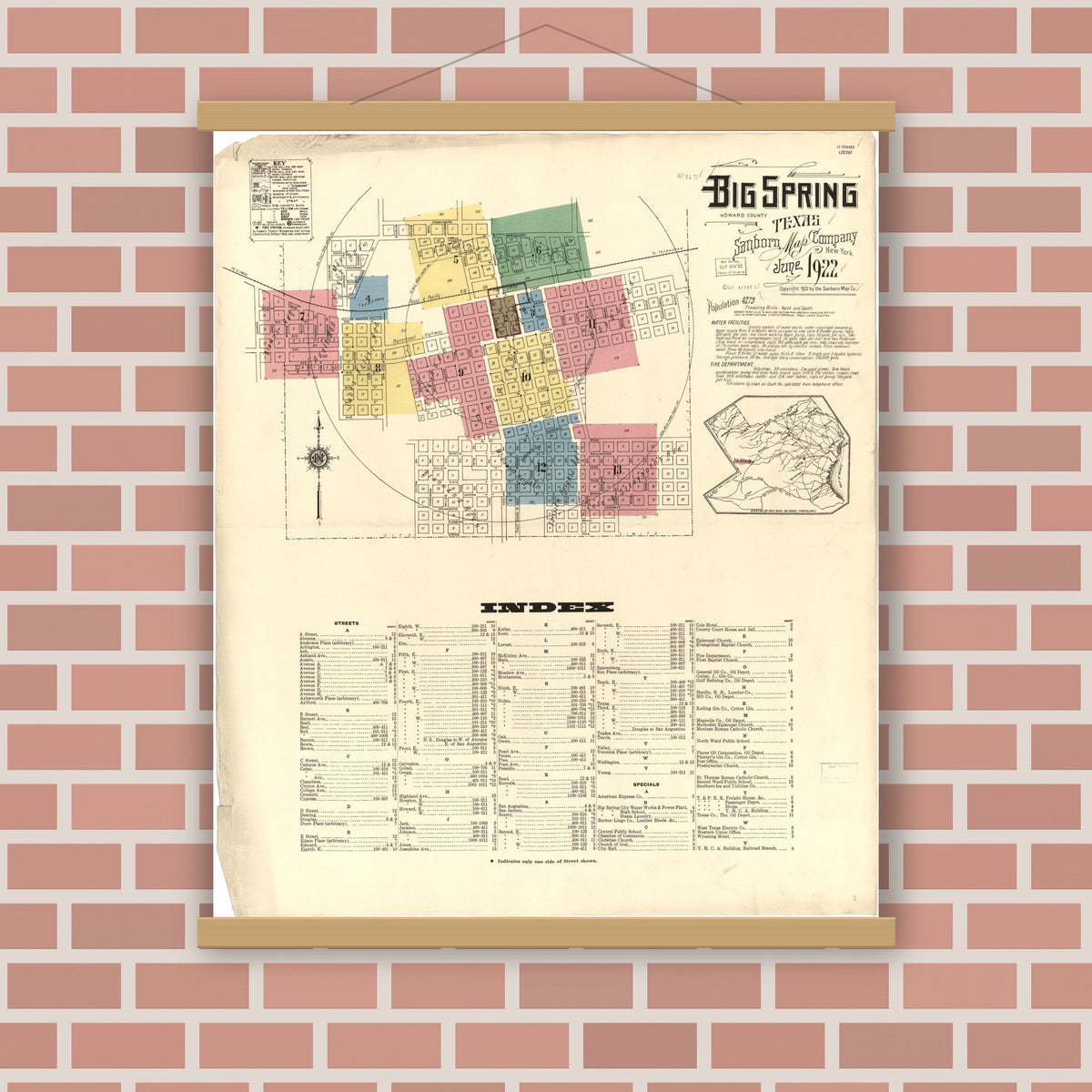 Old map wall art mockup — magnetic wood frame on brick wall — Sanborn Fire Insurance Map from Big Spring, Howard County, Texas (1922), Sheet #0001