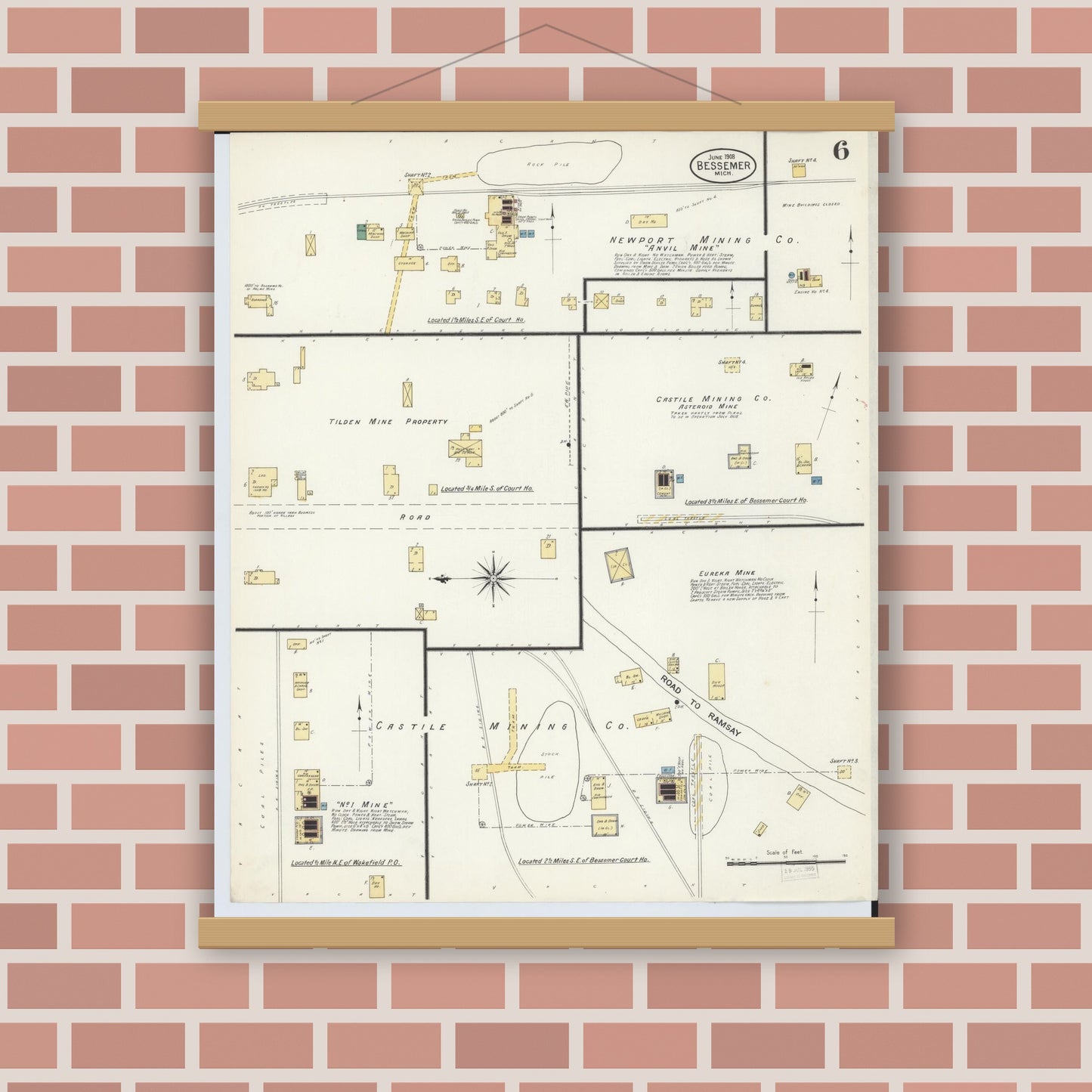 Old map wall art mockup — magnetic wood frame on brick wall — Sanborn Fire Insurance Map from Bessemer, Gogebic County, Michigan (1908), Sheet #0006