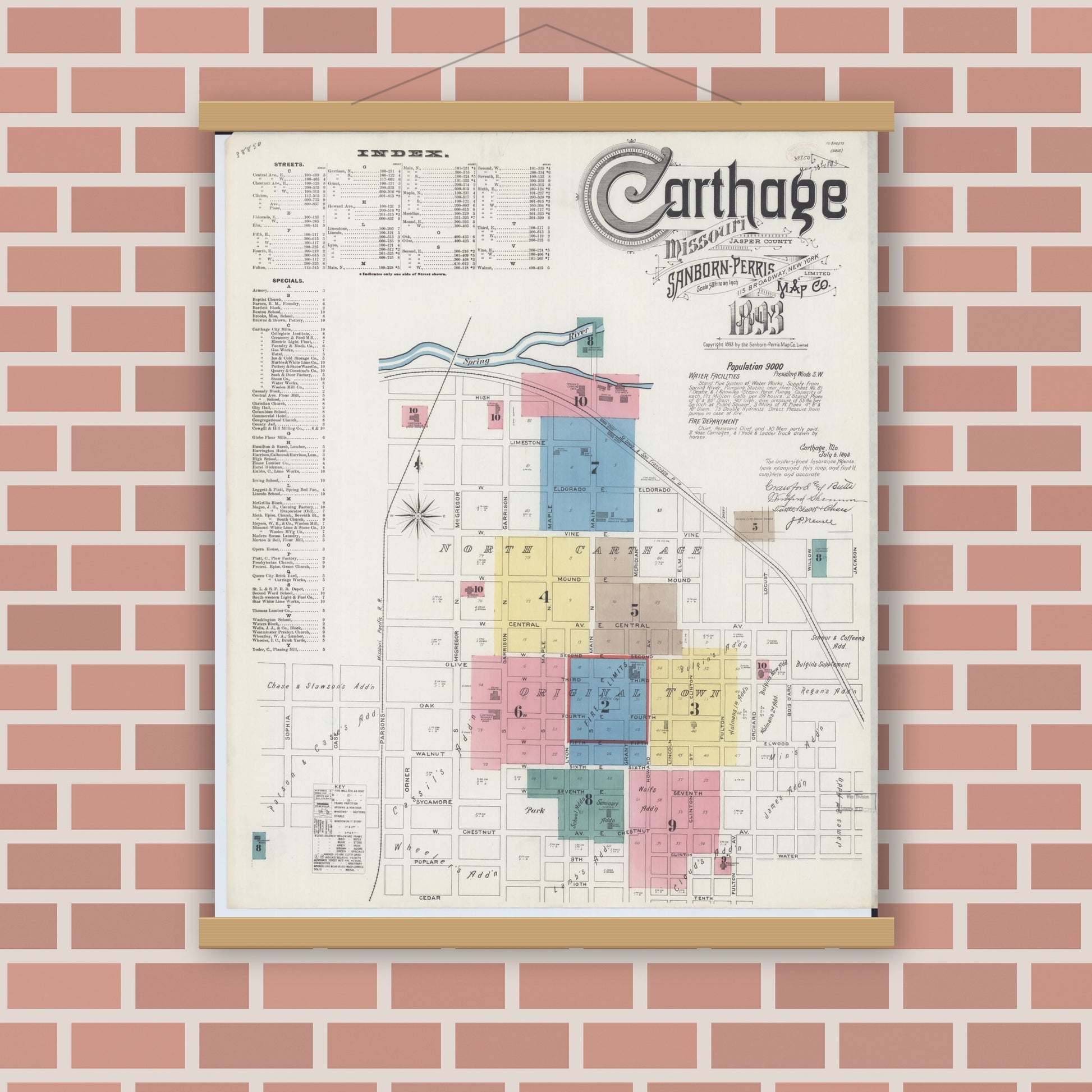 Old map wall art mockup — magnetic wood frame on brick wall — Sanborn Fire Insurance Map from Carthage, Jasper County, Missouri (1893) - Complete Map Set