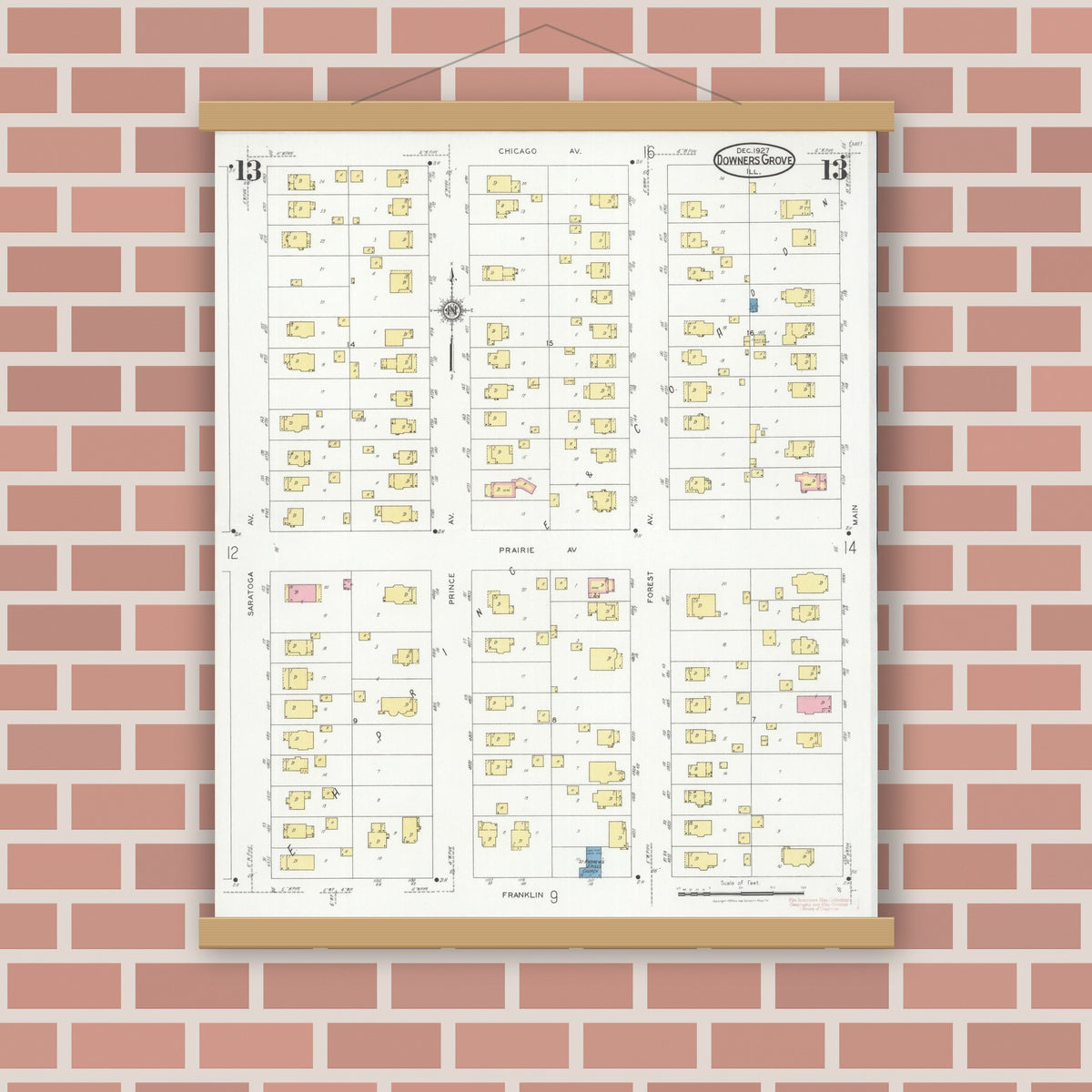 Old map wall art mockup — magnetic wood frame on brick wall — Sanborn Fire Insurance Map from Downers Grove, Dupage County, Illinois (1927), Sheet #0013