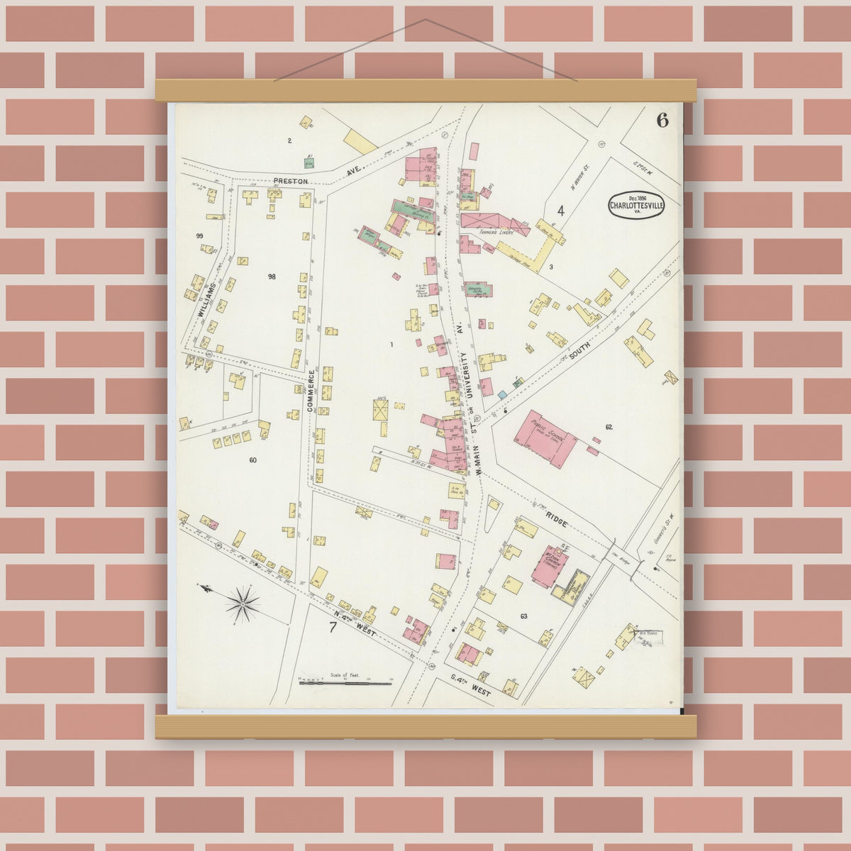 Old map wall art mockup — magnetic wood frame on brick wall — Sanborn Fire Insurance Map from Charlottesville, Independent Cities, Virginia (1896), Sheet #0006