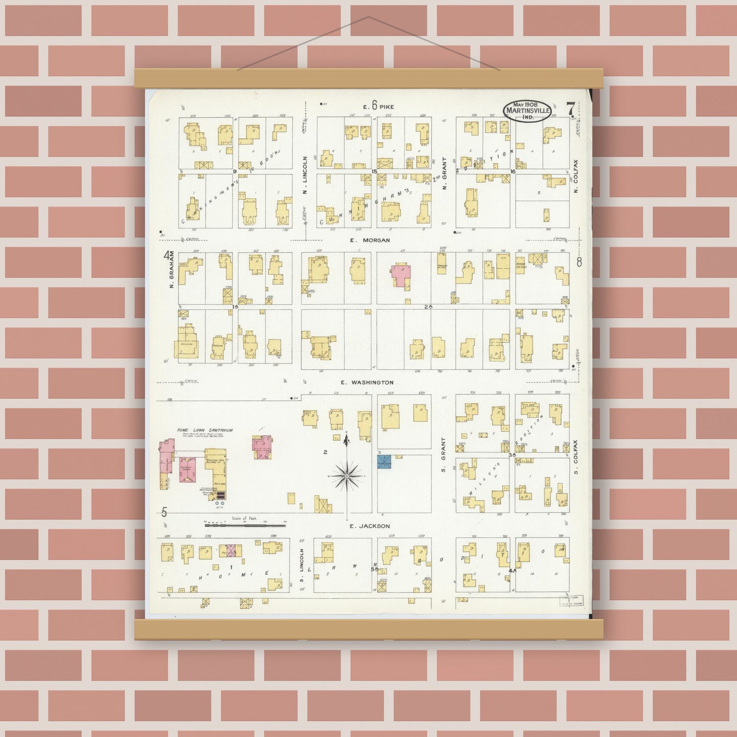 Old map wall art mockup — magnetic wood frame on brick wall — Sanborn Fire Insurance Map from Martinsville, Morgan County, Indiana (1908), Sheet #0007