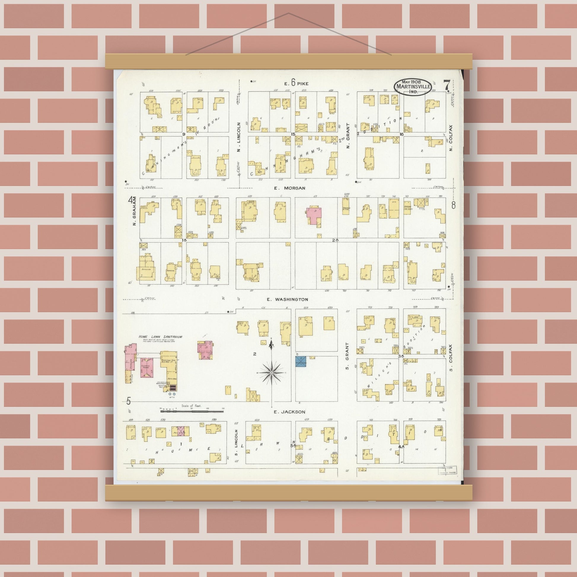 Old map wall art mockup — magnetic wood frame on brick wall — Sanborn Fire Insurance Map from Martinsville, Morgan County, Indiana (1908), Sheet #0007