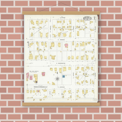 Old map wall art mockup — magnetic wood frame on brick wall — Sanborn Fire Insurance Map from Martinsville, Morgan County, Indiana (1908), Sheet #0007