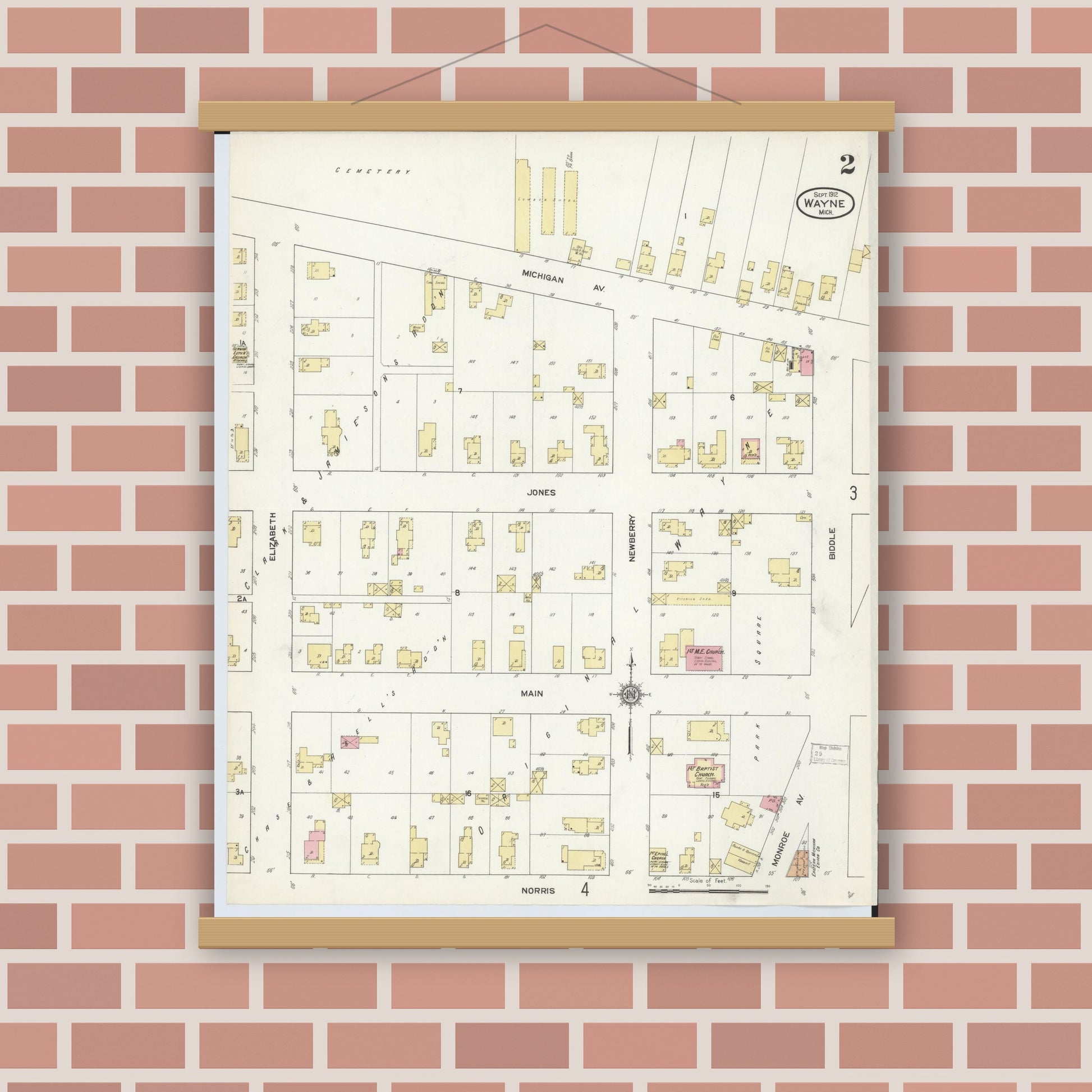 Old map wall art mockup — magnetic wood frame on brick wall — Sanborn Fire Insurance Map from Wayne, Wayne County, Michigan (1912), Sheet #0002