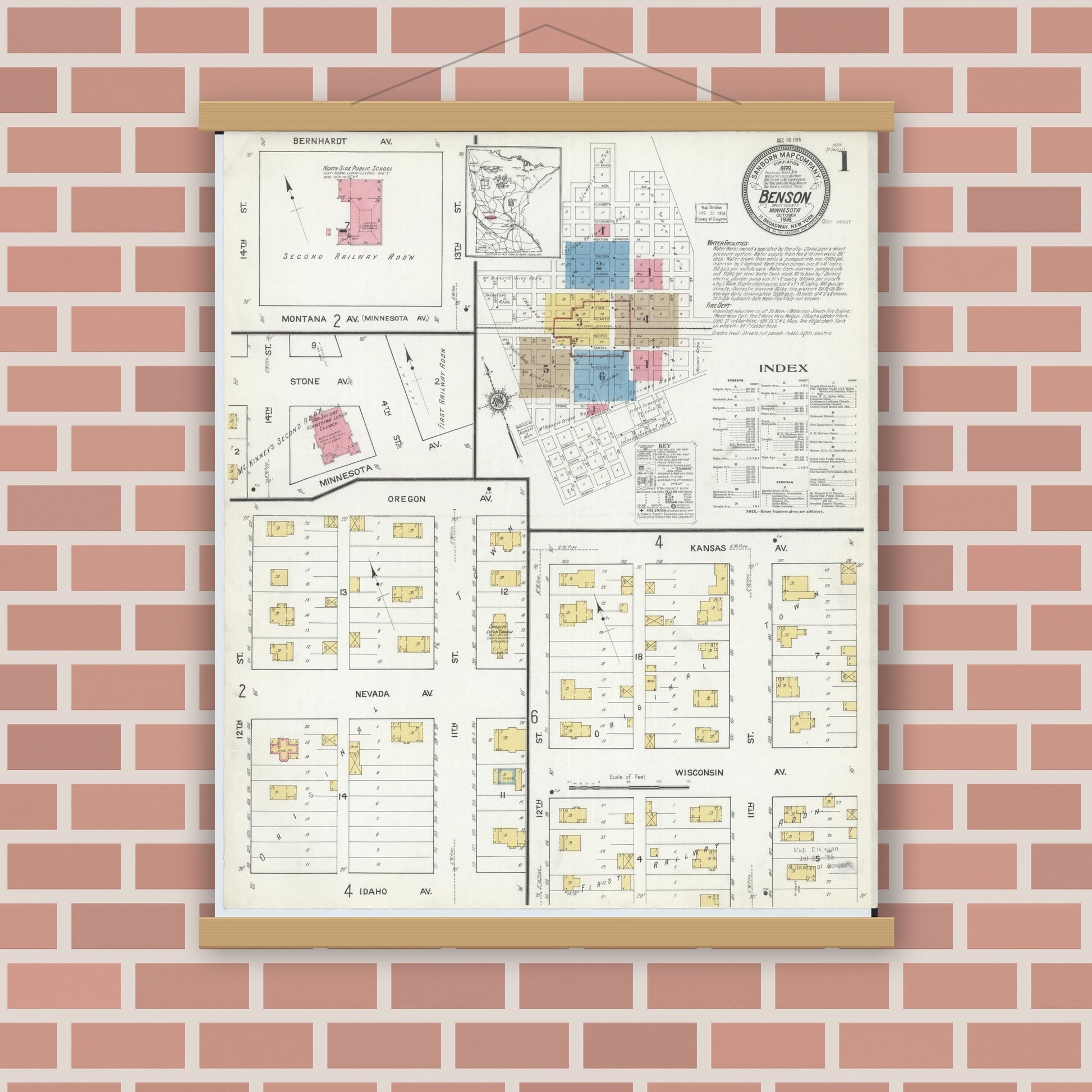 Old map wall art mockup — magnetic wood frame on brick wall — Sanborn Fire Insurance Map from Benson, Swift County, Minnesota (1916), Sheet #0001