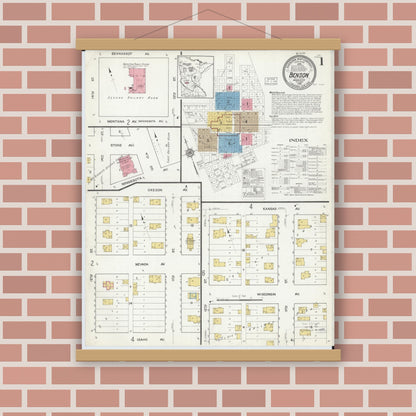 Old map wall art mockup — magnetic wood frame on brick wall — Sanborn Fire Insurance Map from Benson, Swift County, Minnesota (1916), Sheet #0001