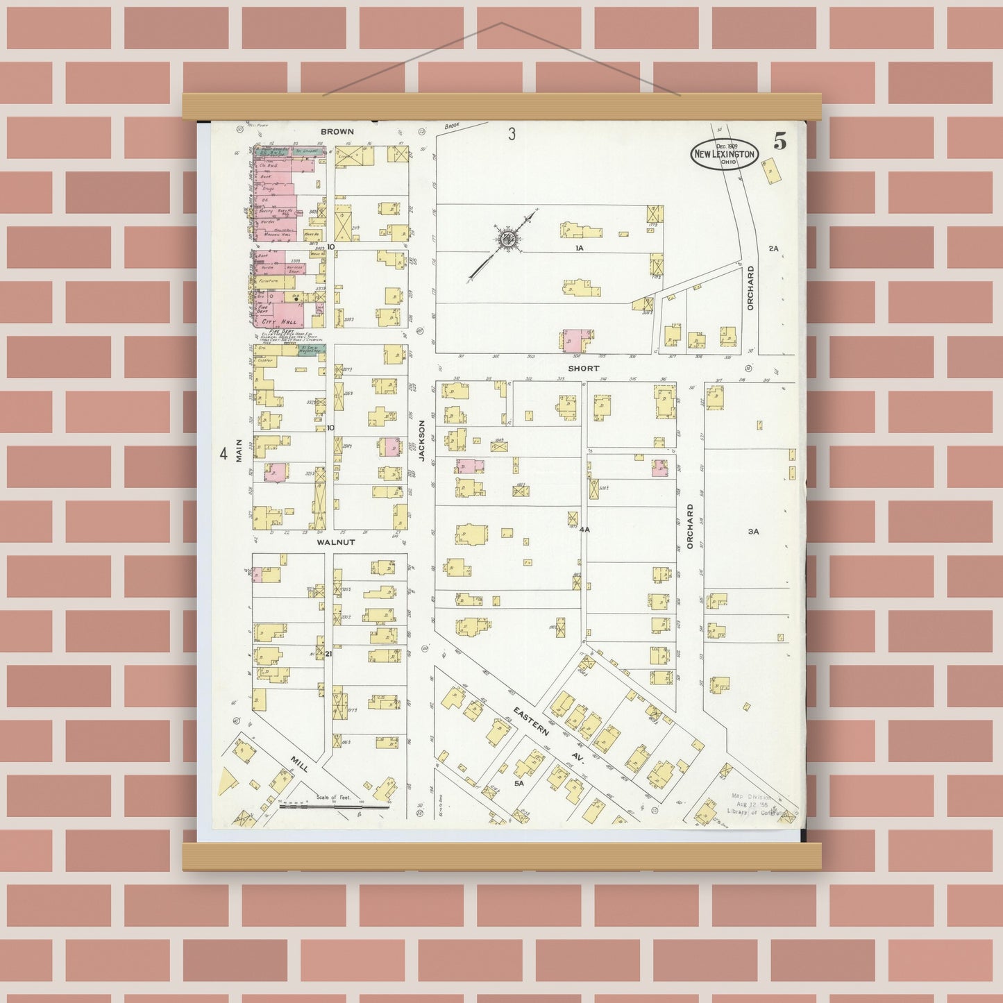 Old map wall art mockup — magnetic wood frame on brick wall — Sanborn Fire Insurance Map from New Lexington, Perry County, Ohio (1909), Sheet #0005