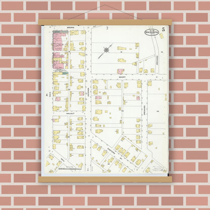 Old map wall art mockup — magnetic wood frame on brick wall — Sanborn Fire Insurance Map from New Lexington, Perry County, Ohio (1909), Sheet #0005