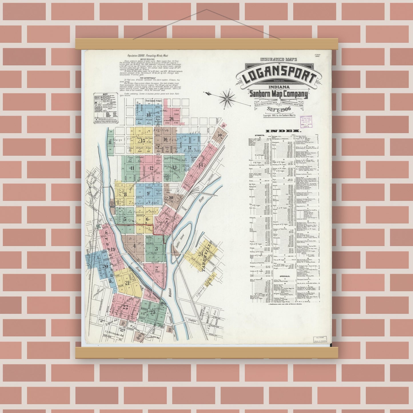 Old map wall art mockup — magnetic wood frame on brick wall — Sanborn Fire Insurance Map from Logansport, Cass County, Indiana (1906) - Complete Map Set