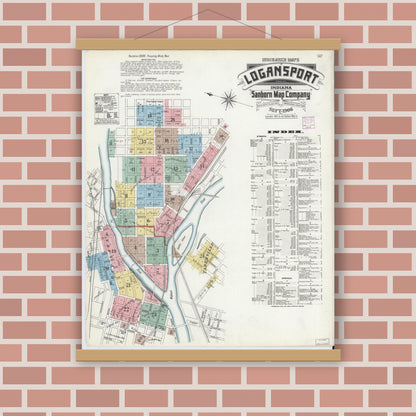 Old map wall art mockup — magnetic wood frame on brick wall — Sanborn Fire Insurance Map from Logansport, Cass County, Indiana (1906) - Complete Map Set
