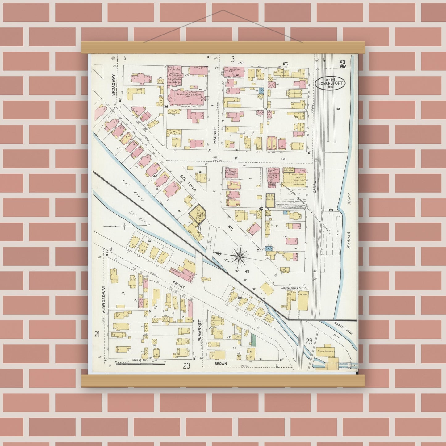 Old map wall art mockup — magnetic wood frame on brick wall — Sanborn Fire Insurance Map from Logansport, Cass County, Indiana (1906), Sheet #0002
