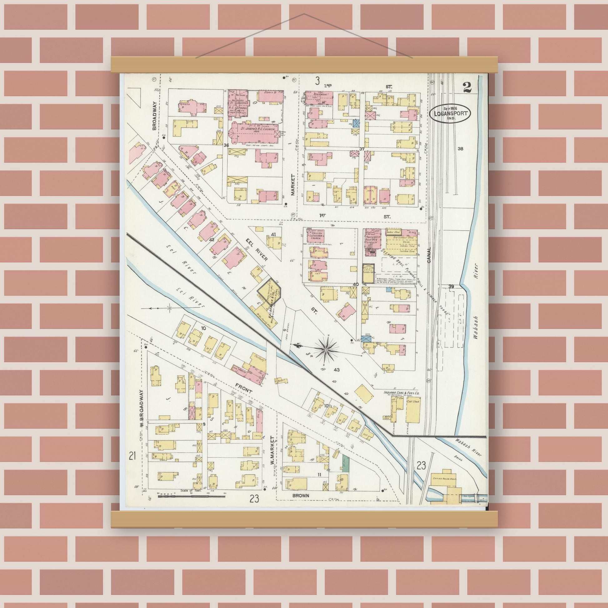 Old map wall art mockup — magnetic wood frame on brick wall — Sanborn Fire Insurance Map from Logansport, Cass County, Indiana (1906), Sheet #0002