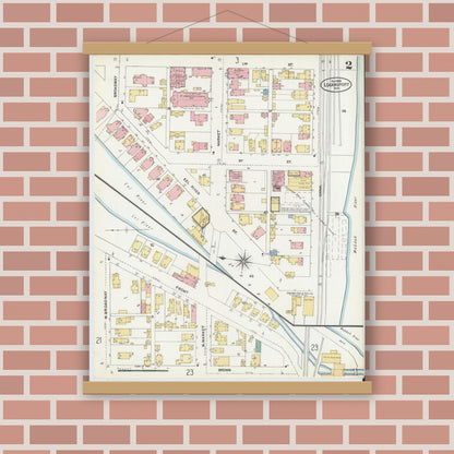 Old map wall art mockup — magnetic wood frame on brick wall — Sanborn Fire Insurance Map from Logansport, Cass County, Indiana (1906), Sheet #0002