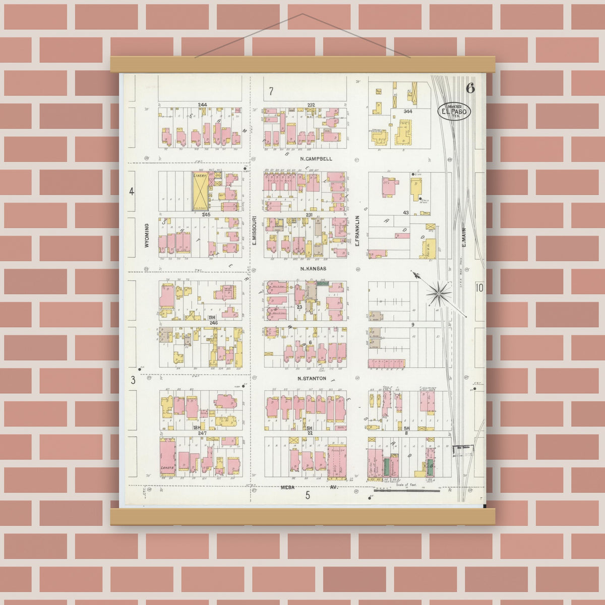 Old map wall art mockup — magnetic wood frame on brick wall — Sanborn Fire Insurance Map from El Paso, El Paso County, Texas (1902), Sheet #0006