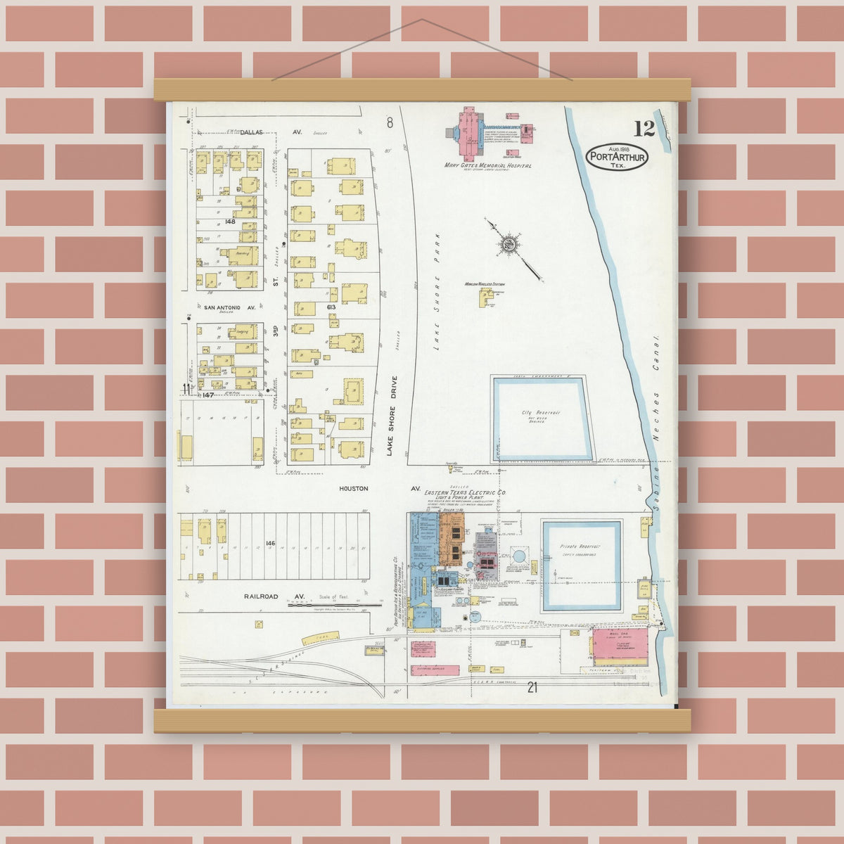 Old map wall art mockup — magnetic wood frame on brick wall — Sanborn Fire Insurance Map from Port Arthur, Jefferson County, Texas (1918), Sheet #0012